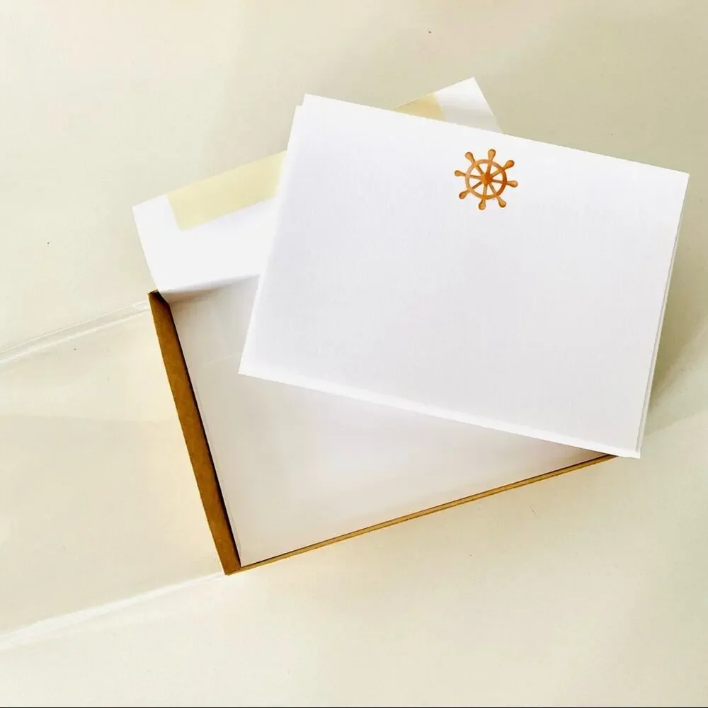 2NEW ANTHROPOLOGIE White Tan Illustrated Sail Wheel Nautical Card Notecards s/10
